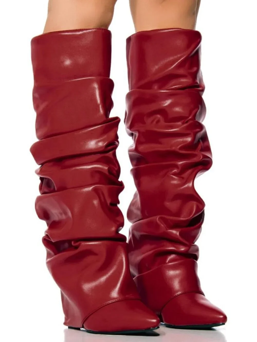 Women's Burgundy Heel Wide Calf Pointed Toe Slouched Fold Over Knee High Boots